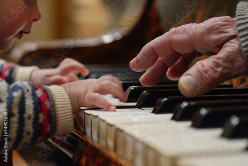 Photo of an elderly musician teaching a child how to play the piano focusing on their hands and the piano keys illustrating the transfer of artistic passion