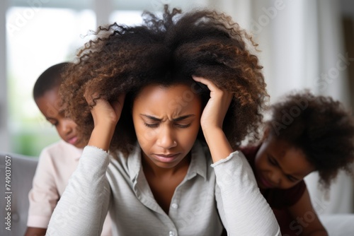 Overwhelmed African American Mother with Children. Tired African American single mother feeling stressed with two children at home. photo