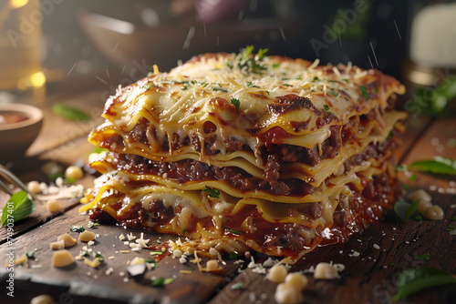 A piece of hot lasagna with melted cheese on top and spices on a wooden board close-up 