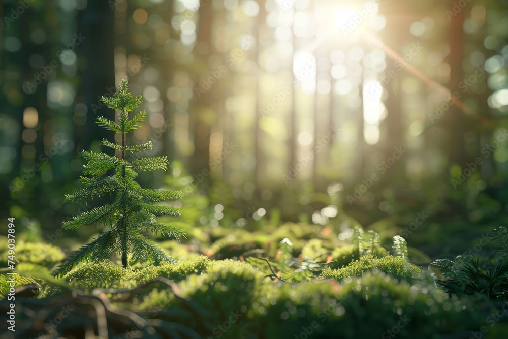 A small Christmas tree against the background of a green forest with sunlight in the background
