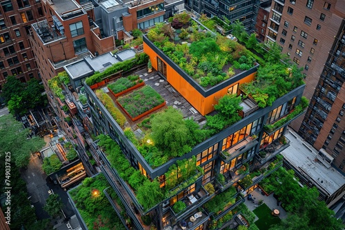 Aerial view of a rooftop garden on top of a building in the city © Тамара Печеная