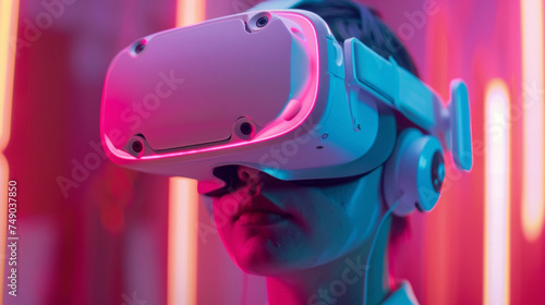 A closeup of a virtual reality headset specifically designed for chronic pain management with immersive experiences and guided imagery to distract from pain symptoms.