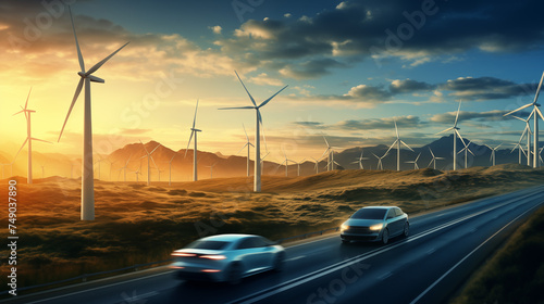 Electric cars zooming past fields of wind turbines, showcasing the synergy between renewable energy and clean transportation.Generativ AI. photo