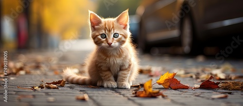 A small feline, likely a kitten, is seated beside a car on the ground. The scene captures the vulnerable animal in a potentially risky environment in the fall season.