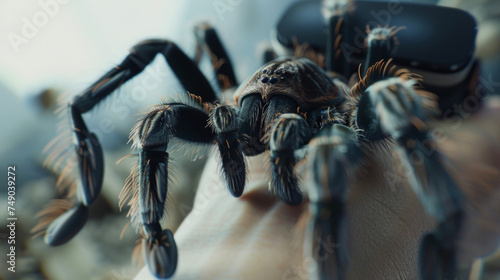 A closeup of a virtual tarantula crawling on a persons arm as they confront their fear of spiders through a VR exposure therapy program.