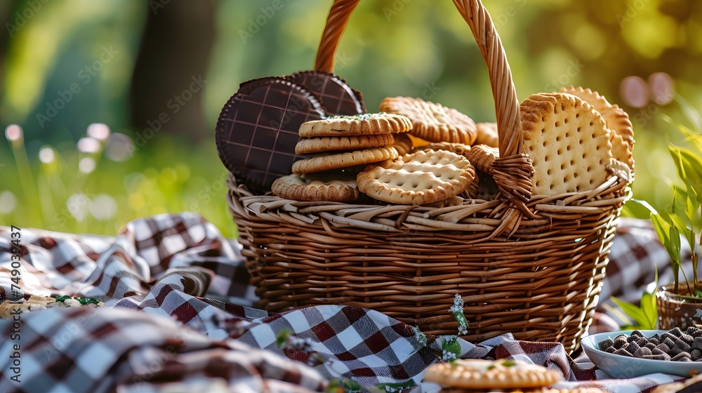 picnic basket filled with cookies biscuit and sweet chocolate crackers snacks for party and gathering decoration 