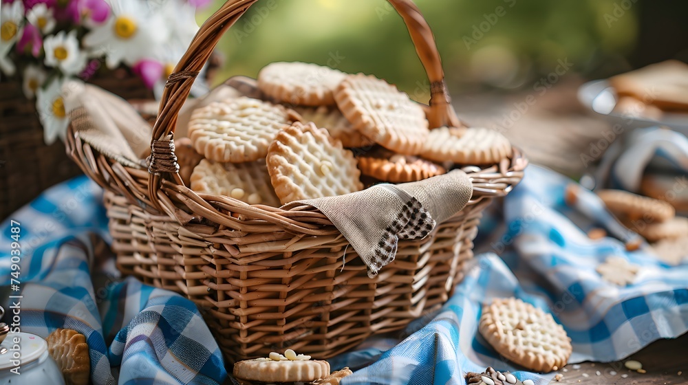 picnic basket filled with cookies biscuit and sweet chocolate crackers snacks for party and gathering decoration 