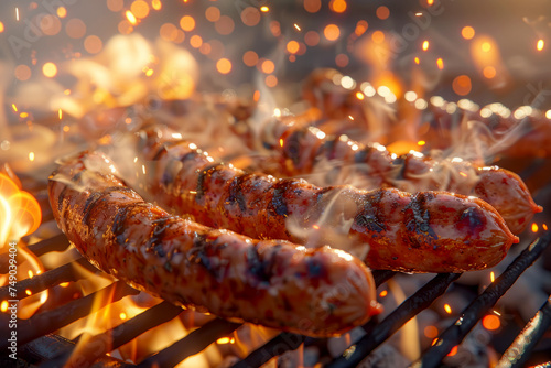 Grilled sausages close up. Sausages on the grill with fire or summer BBQ with space for text or inscriptions 