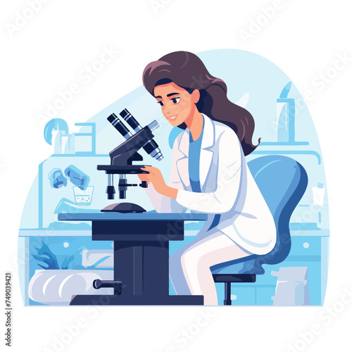 Confident female scientist in lab with microscope re © iclute3