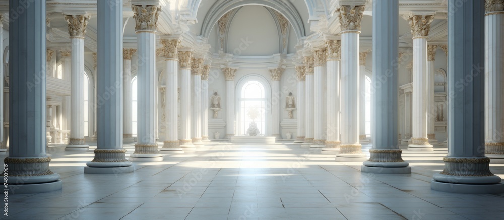 An empty room featuring architectural columns and arched doorways creating a structured and elegant interior design. The columns and arches provide a sense of grandeur and symmetry to the space. - obrazy, fototapety, plakaty 