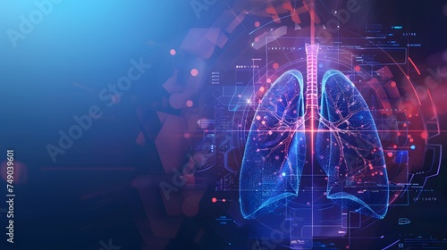 futuristic medical research or lungs health care with diagnosis and vitals biometrics for clinical hospital asthma and respiratory cancer and disease tests services as wide banner with copy space area photo