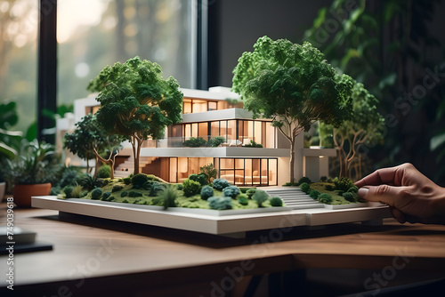 A person's hand adjusts a detailed architectural model of a modern house with a miniature tree design.