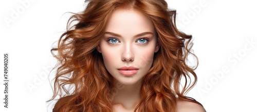 A close-up portrait of a woman with striking long red hair and piercing blue eyes, captured against a white background. Her features are captivating, showcasing natural beauty.