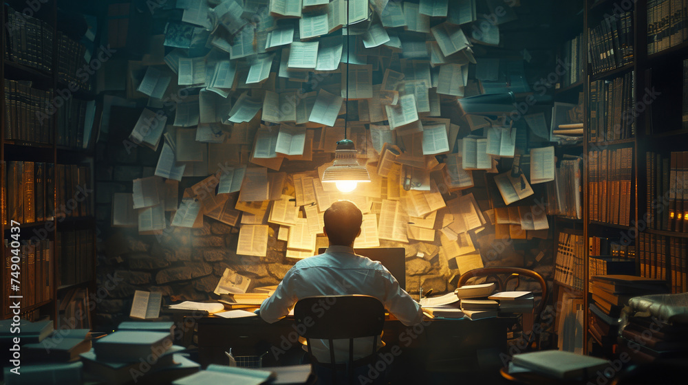 A man sits at a desk with a pile of papers in front of him - obrazy, fototapety, plakaty 