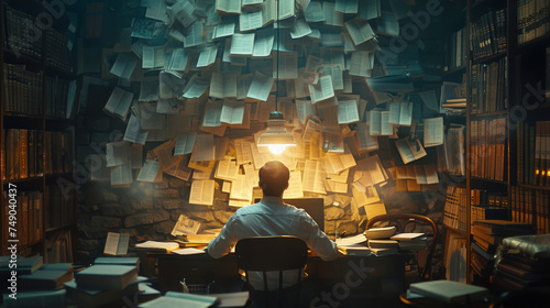A man sits at a desk with a pile of papers in front of him