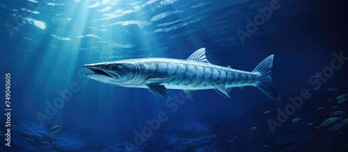 A large barracuda fish gracefully swims through the depths of the ocean, showcasing its powerful and sleek body in its natural habitat. The sunlight filters through the water, creating a mesmerizing © AkuAku