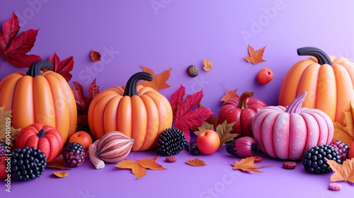 pumpkins and autumn fruits on purple background generative ai