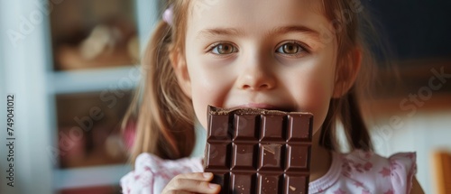 Little Girl Eating Chocolate Bar in Kitchen