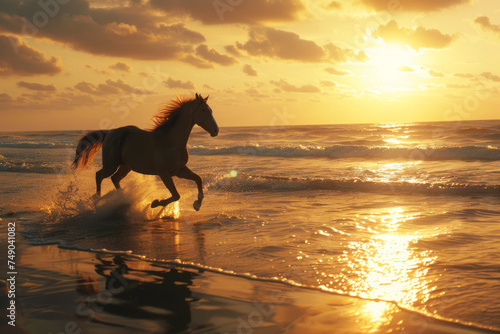 A horse running along the beach on the water with the sunset in the background with space for text or inscriptions 