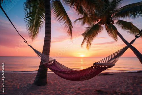 Hammock on a beautiful exotic beach with palm trees and a beautiful sunset in the background with space for text or inscriptions. Holiday theme 