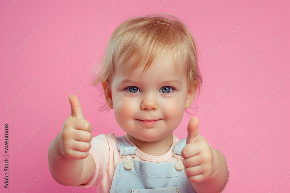 Little baby with blue eyes showing thumbs up suggesting everything ok isolated on pink background with space for text or inscriptions
Little baby with blue eyes showing thumbs up suggesting everything ok isolated on pink background with space for text or inscriptions