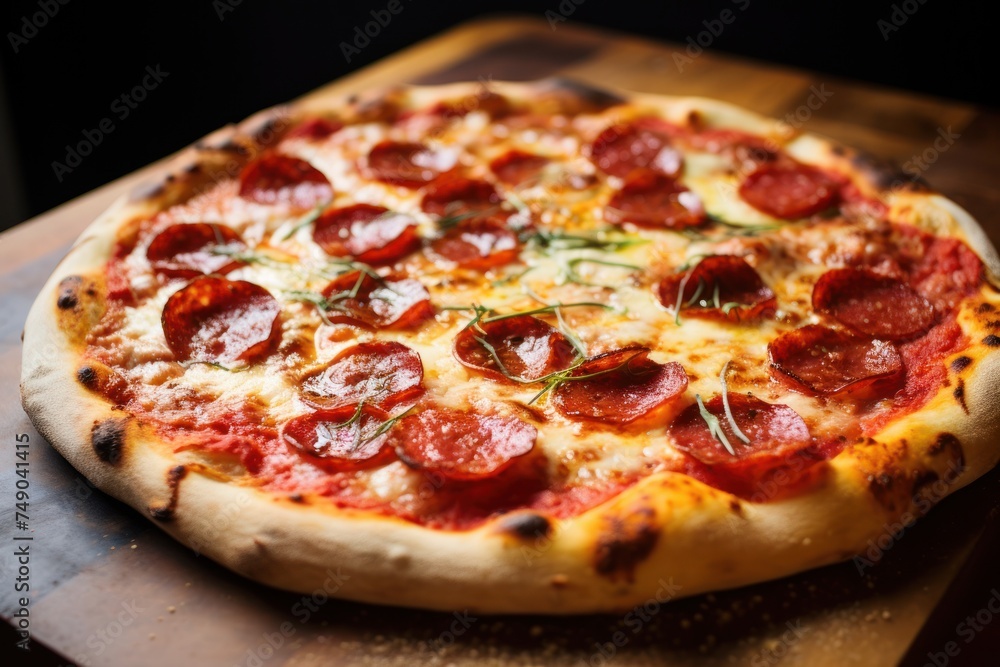 a pepperoni pizza on a wooden surface a pepperoni pizza on a wooden surface