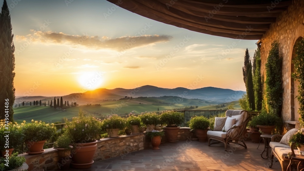 Breathtaking sunrise over the rolling hills of Tuscany from your private terrace - obrazy, fototapety, plakaty 