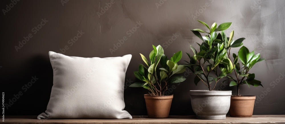 Three potted plants are neatly arranged on a shelf next to a plush pillow. The greenery adds a touch of nature to the interior space.
