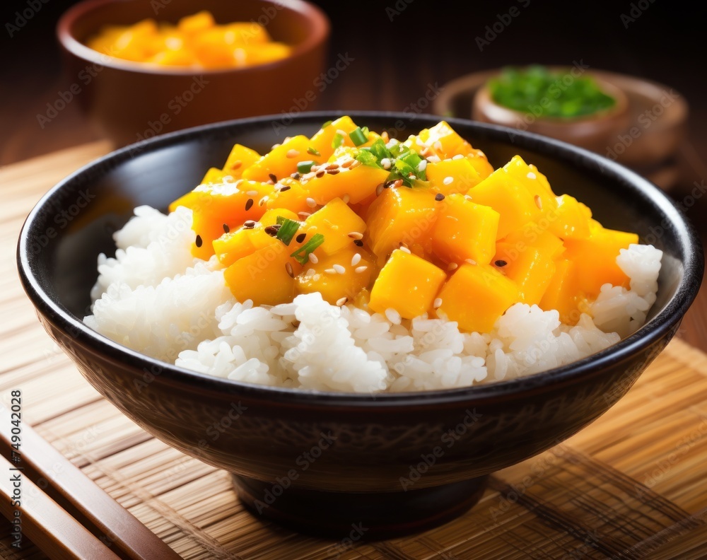a bowl of rice and mango on a table a bowl of rice and mango on a table