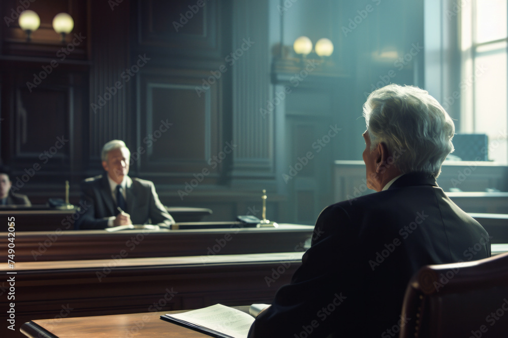 Court of justice and legal process public defender presenting case, asking male witness before judge and jury. Multi-ethnic lawyer lawyer protecting client from crime and injustice.Trial in courtroom - obrazy, fototapety, plakaty 