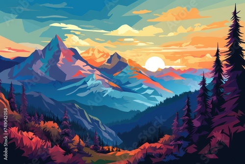 a colorful mountain landscape with trees and mountains © sam
