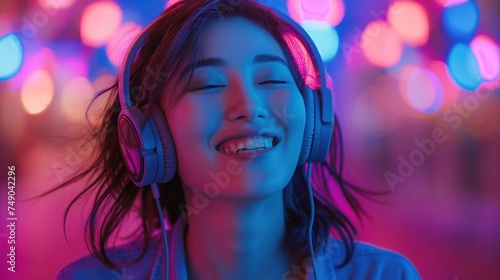 A Person Wearing Headphones Amidst Vibrant Neon Lights, Capturing the Essence of Nightlife and Sound. © PELK