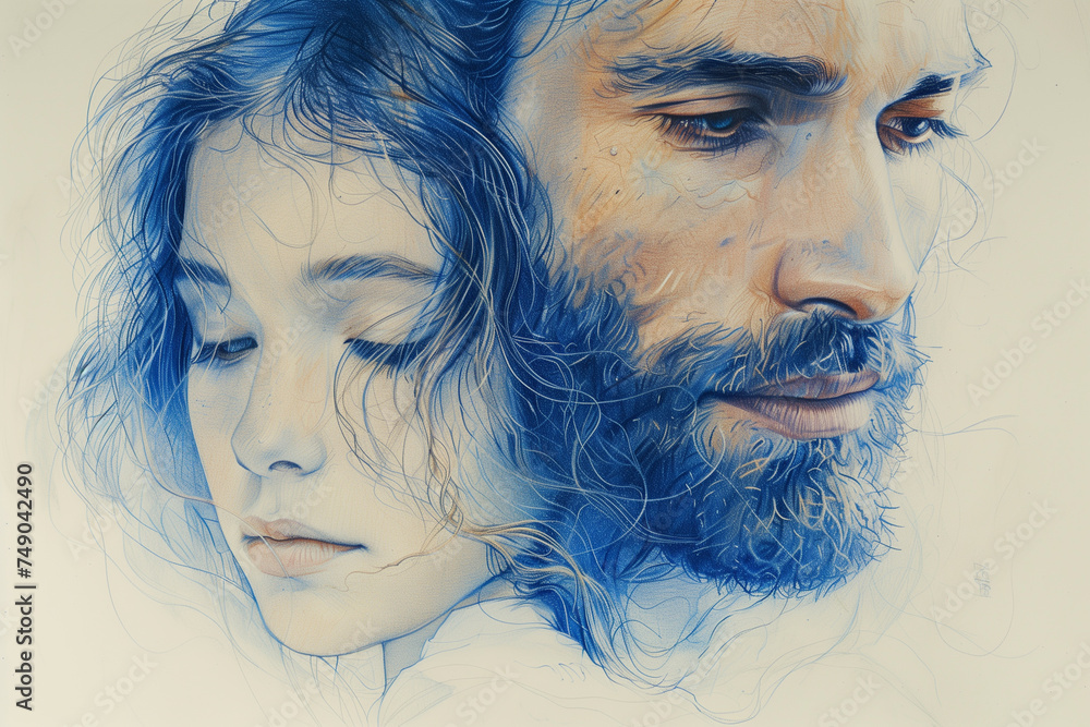Fototapeta premium A hand-drawn painting in blue pen of a man and a woman, created for Fathers Day