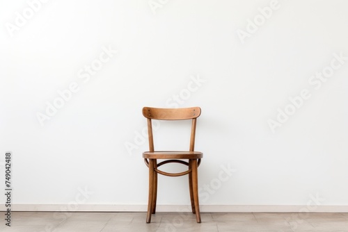 a wooden chair against a white wall