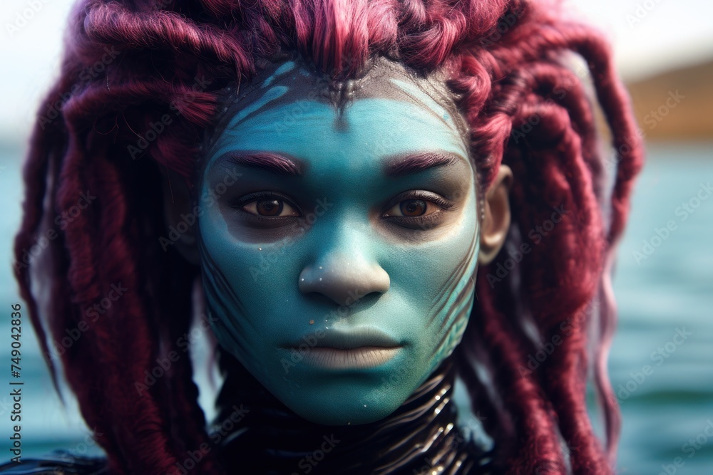 a woman with blue face paint and red hair a woman with blue face paint and red hair