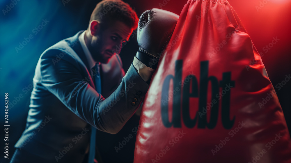 Obraz premium Businessman in Suit Boxing Against a Red 'Debt' Punching Bag - Financial Challenges Concept