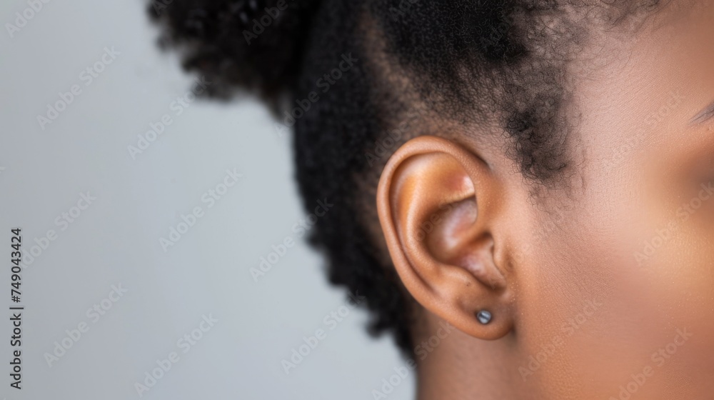The image shows a close-up of a young womans ear. The woman has dark skin and her hair is styled in a bun. She is wearing a silver earring in her left ear. The background is a soft, light gray. - obrazy, fototapety, plakaty 