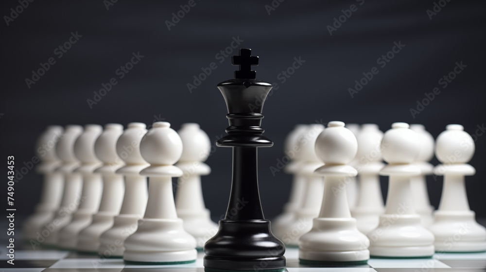 white chess king standig ahead of black pawns, white background