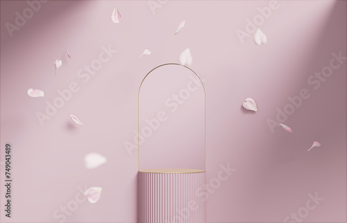 3D background, pink podium display. Flower petals falling. Cosmetic or beauty product promotion step floral, pastel pedestal. Abstract minimal advertise. 3D render copy space spring mockup.	