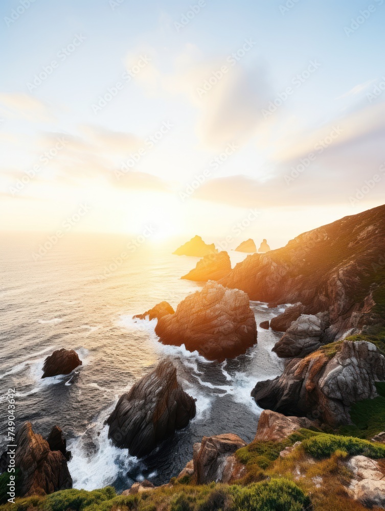 Obraz premium a rocky coastline with the sun setting