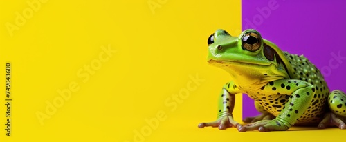 a green frog on a purple and yellow background photo