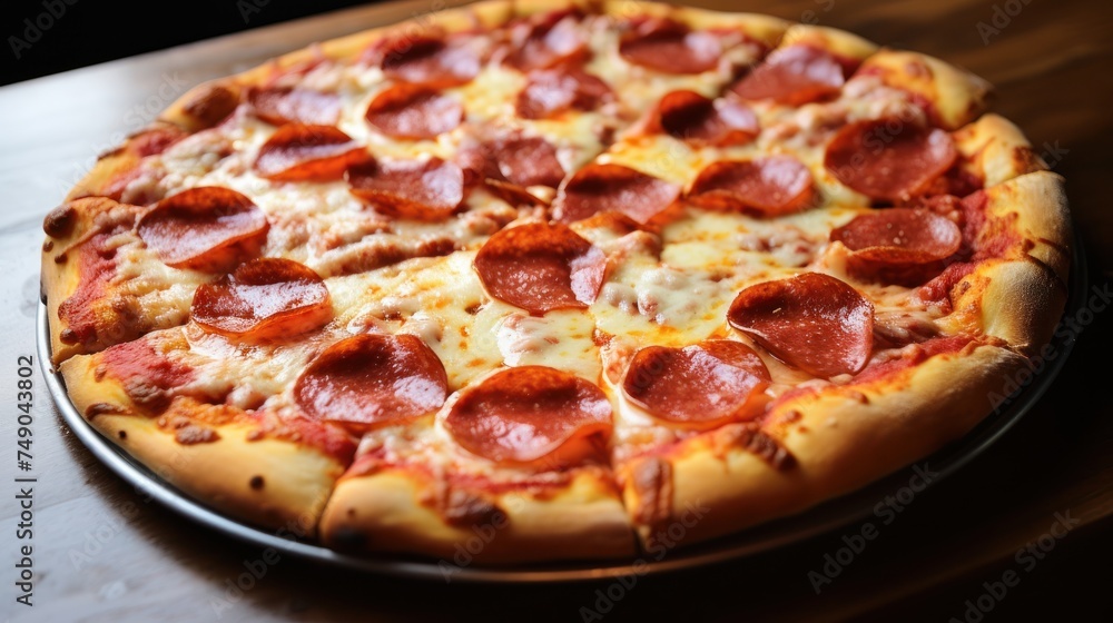 a pepperoni pizza on a tray a pepperoni pizza on a tray