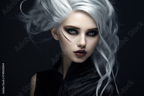 a woman with white hair and dark makeup