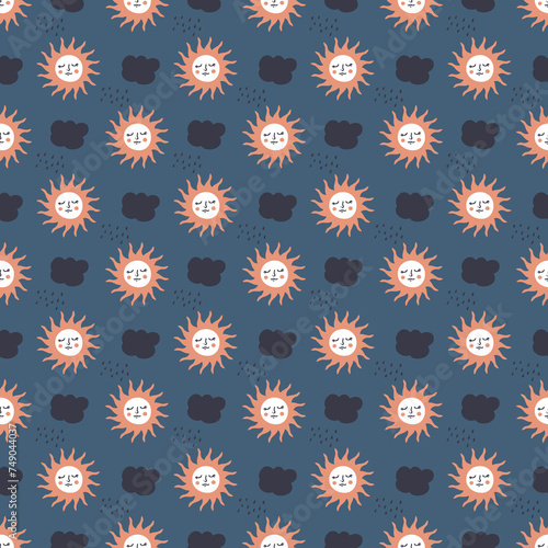 Hand drawn seamless pattern with sun and rainy clouds. Perfect for T-shirt  textile and print. Doodle illustration for decor and design.