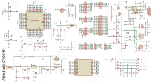 Vector electrical schematic diagram of an digital
electronic device with lcd, operating under the control of a 
microcontroller. Radio scheme with integrated circuit, 
resistor, capacitor, sensor.