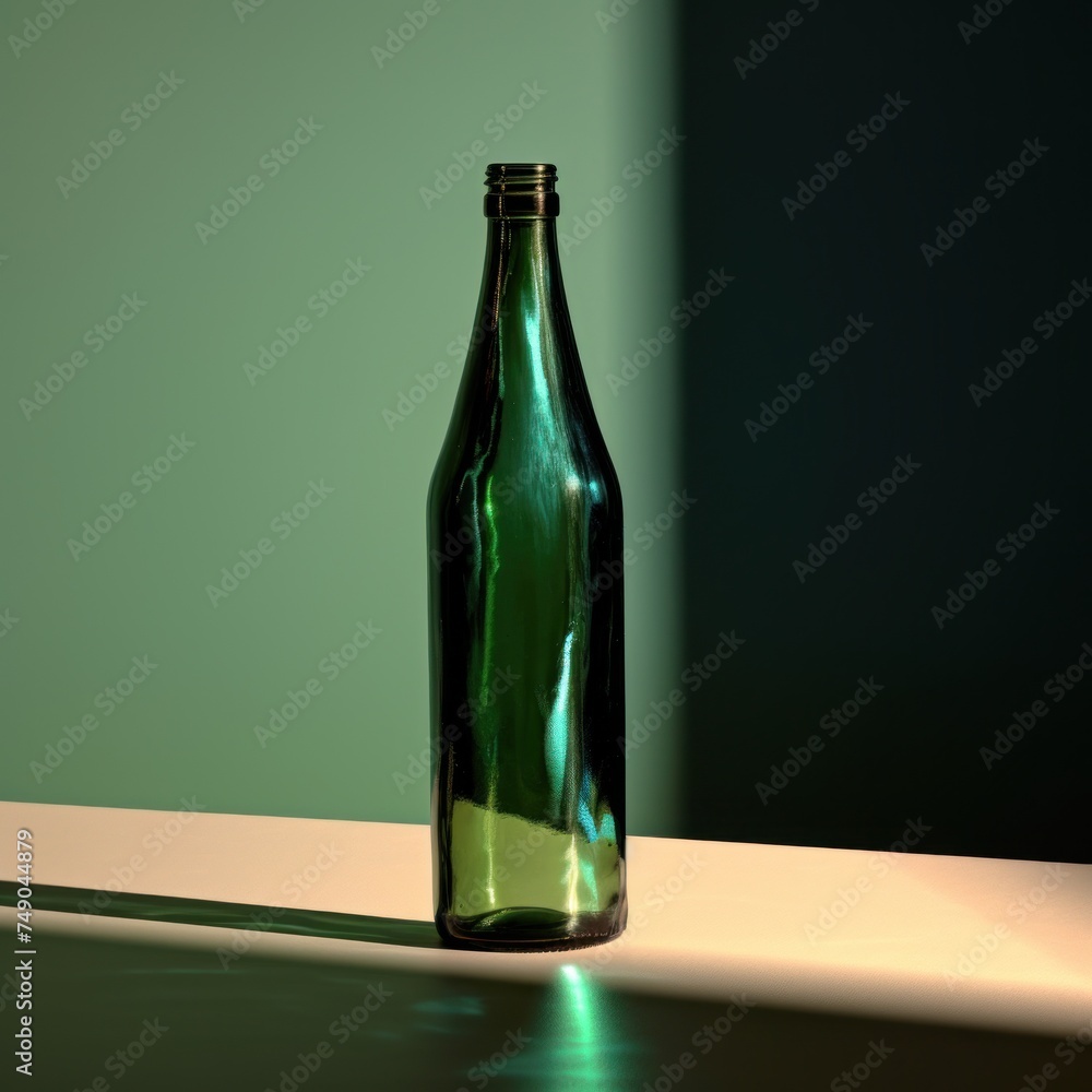 a green bottle on a table a green bottle on a table