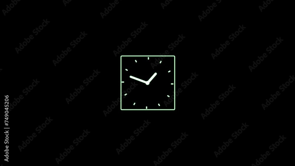 Glowing analog clock and always rotating on isolated black background Glowing analog clock and always rotating on isolated black background