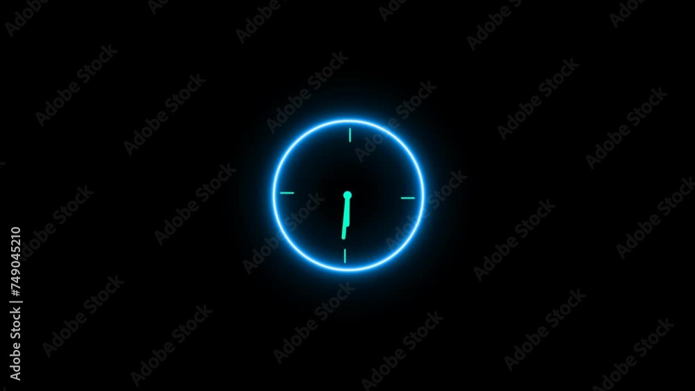 Glowing analog clock and always rotating on isolated black background Glowing analog clock and always rotating on isolated black background