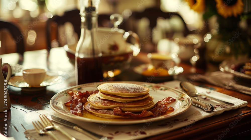 A table set with a gourmet breakfast spread complete with pancakes fruit and bacon. What better way to start Fathers Day than with a delicious homemade meal made with love