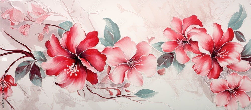 This painting features vibrant red flowers against a clean white background. The flowers are the main focus of the artwork, standing out with their bold color contrast against the neutral backdrop. This painting features vibrant red flowers against a clean white background. The flowers are the main focus of the artwork, standing out with their bold color contrast against the neutral backdrop.